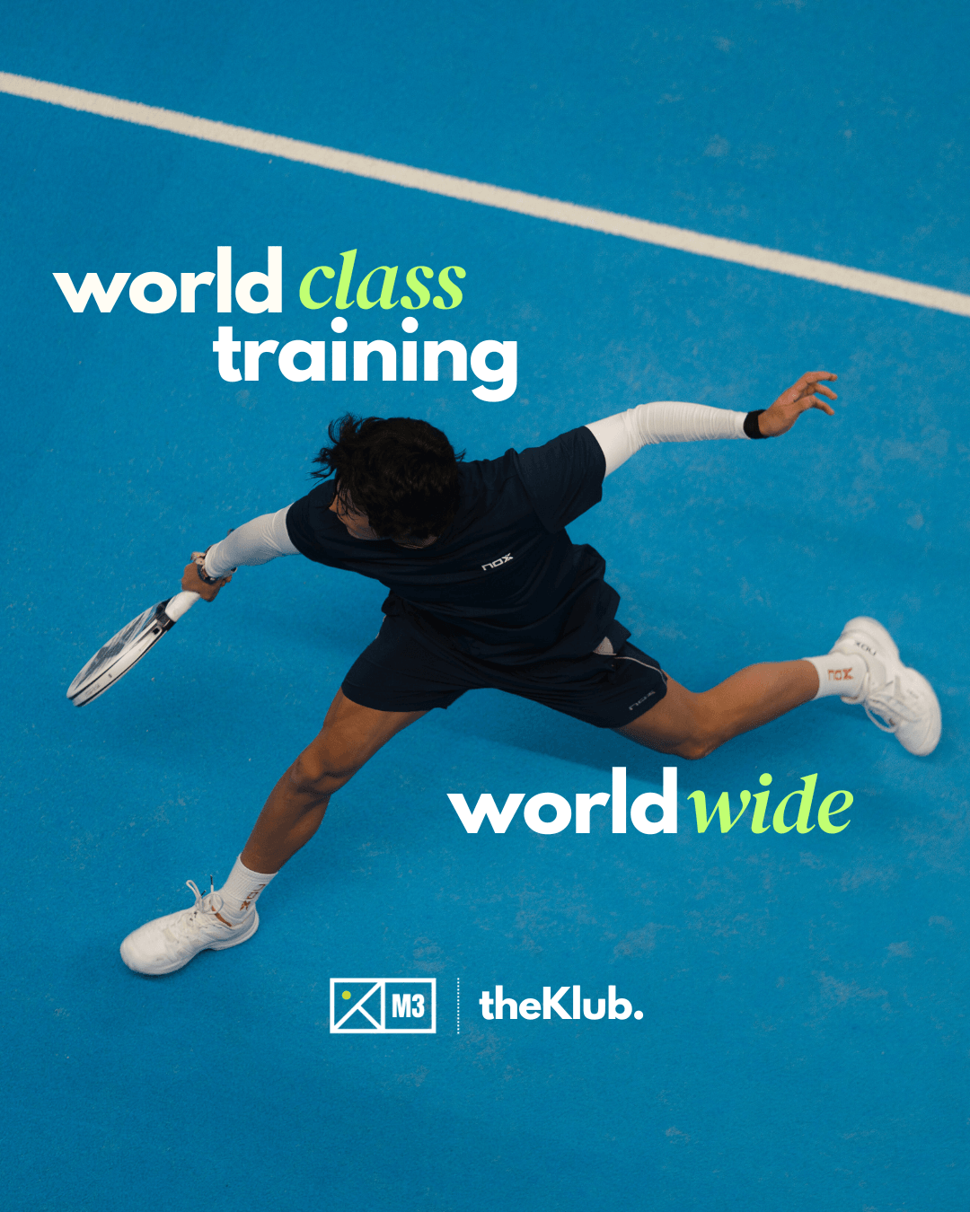 A player stretching for a low ball on a blue padel court, in the M3 and theKlub campaign artwork