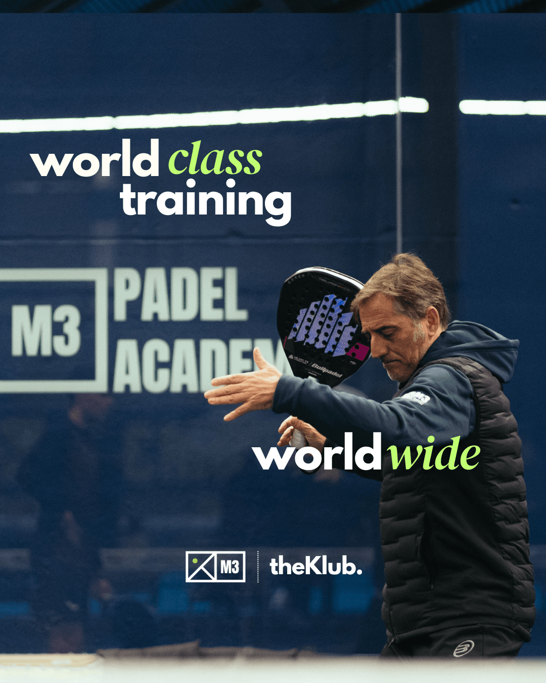 An M3 coach demonstrating a shot in front of the M3 Padel Academy sign